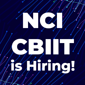 Blue background with connecting dots. Text reads, "NCI CBIIT is hiring!"