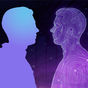 Two male silhouettes looking at each other; the one on the left represents a human, the one on the right represents a digital twin.