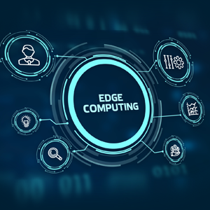 Button with the words "Edge Computing" in the center and surrounded by icons that are important for this technology. These icons include a person (to signify the user), a lightbulb (to show an idea), a spyglass (to show research or questions), a hand with dollar signs (to show economics), a graph (to show how research is used to yield solutions), and a series of lines and cogs (to show how the system works). 