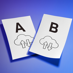 Purple background and two pieces of paper. One paper says A and one paper says B. Both pieces of paper have a data sharing icon on them.