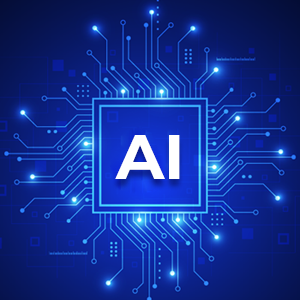 The letters "AI" appear in a box. Brightly colored lines feed into the box from all sides, showing how data flows into the box, where the information is then processed by AI. 