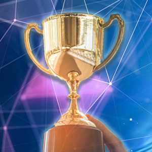 Person holding a trophy in front of a blue connected dot background