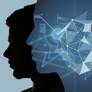 Silhouette of a man's profile with a technical/digital format representation of the man next to it, representing the concept of digital twins.