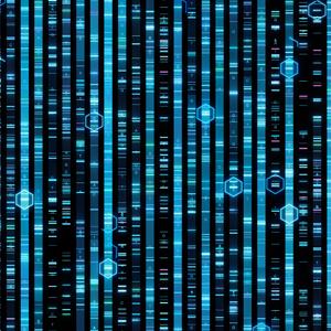 Abstract rendering of a human genome sequencing shows vertical lines of blue and black. Along the lines are small rectangles that vary in intensity, with some bright and others darker. Small icons along the lines of color designate a position of interest along the DNA sequence.