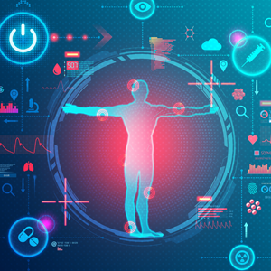 Vector illustration of the human body in a blue circle with medical devices surrounding it.
