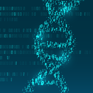 Teal DNA strand made up of code
