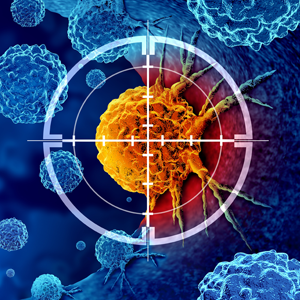A cancer cell is highlighted in orange against a blue background that consists of other cancer and immune cells. The orange cell is in crosshairs, indicating that it’s being targeted for destruction.