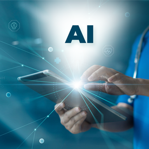 A person wearing a stethoscope holds a tablet with one hand and presses the screen with the other. The letters A-I are illuminated above the screen, depicting how doctors and researchers are using AI to address today’s biomedical issues.