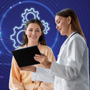 two people, one in a lab coat one in regular clothes, looking at a tablet. Data themed icons in background. 