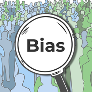 Magnifying glass with the word “Bias” written on it hovers over a group of figures. Depicts the importance of searching for (and correcting) bias when developing a machine learning model.   