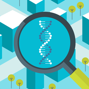  A magnifying glass gives a close-up view of a strand of DNA. The DNA strand is set against a backdrop of buildings and houses, simulating a neighborhood. The illustration shows the value of understanding gene expression across the cell’s neighborhood. 