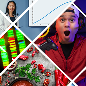 several pictures representing various ambiguous terms in cancer and data science including a person playing a video game, hot peppers, DNA sequencing, a graph, and a child watching a cartoon. 