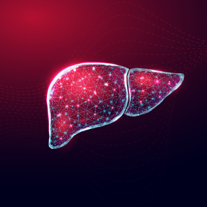 Illustrated liver shows points of light, connected by brightly colored lines. Signifies how researchers are using data and technology to better understand liver cancer. 