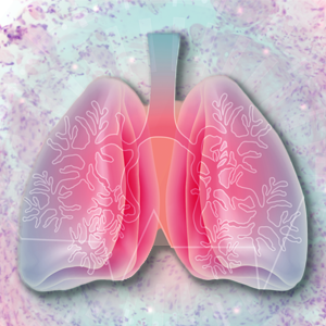Artist illustration of lungs set against a background of a stained pathology slide. 