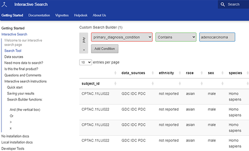 Screenshot of CDA interactive search under the Search Tool heading in the page navigation. The search has a default filter in the “Custom Search Builder” section with the following search parameters configured (from left-right): And, primary_diagnosis_condition, contains, adenocarcinoma. In the screenshot, only four rows and six columns of the table are shown. The table rows are as follows: Column 1 - name: Subject_id, value: CPTAC.11LU022; Column 2 - name: data source, value: GDC IDC PDC; Column 3 - name: ethnicity, value: not reported; Column 4 - name: race, value: asian; Column 5 - name: sex, value: male; Column 6 - name: species, value: Homo sapiens.

The four rows contain the same values for the first five columns.