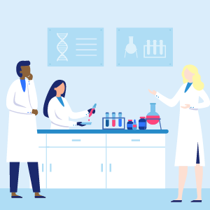 Three illustrated scientists wearing lab coats and working with tools in a lab. Tools include a beaker, bottles, test tubes, and a pipette. Posters on the wall behind the scientists show DNA, flasks, and test tubes.