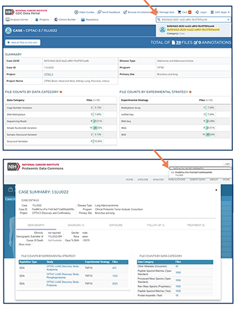 Single image showing two screenshots. On the left: Shows proteomics.datacommons.cancer.gov website with the PDC case ID from the CPTAC.11LU022 inputted in search (the case ID is “f1ed961a-cf1e-11e9-9a07-0a80fada099c “). Under the search is the resulting pop-up box with the case summary for the 11U022 data with tabs to display metadata for demographics, diagnosis, exposure, follow-up, and treatment. The active tab shows tables with the file count by experimental strategy and data category. On the right: Shows gdc.cancer.gov website with the GDC case ID from the CPTAC.11LU022 inputted in the search (the case ID for GDC is (“8d1b1bb3-2633-4a22-a8fd-19c07931ea46”). Under the search, three tables display case summary information, file counts by data category, and file counts by experimental strategy.