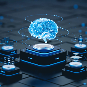 Digital graphic of a brain machine on a computer circuit.