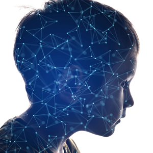 Profile photo of a small boy. High-tech looking lines and dots are superimposed over the image, denoting the use of technology in helping to address childhood brain tumors.