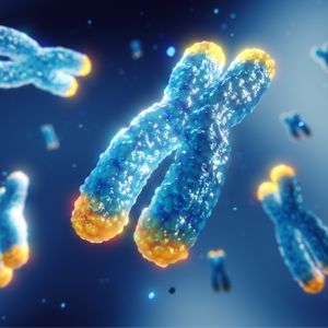 Chromosomes are shown in a three-dimensional illustration. Yellow caps on the tips of the chromosomes denote telomeres.  