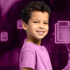 child in front of a magenta background with document icons