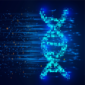 Digitized DNA strand on hi tech future blue background.