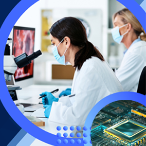 Two women in lab coats and gloves using a microscope.