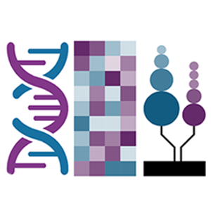 DNA strand, blue and purple pixilated bar, and stylized data point chart