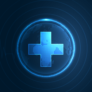 Blue technology-themed image of the world with a medical cross on it