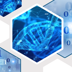 Digital DNA strand in neon blue surrounded by zeros and ones.