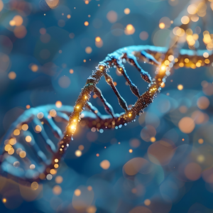 Double helix DNA molecule is shown in three dimensions set against a background of blue and gold.