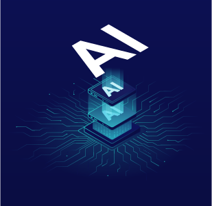 Image of a small square that reads "AI" in white, with larger letters reading "AI" above it floating in the air. Blue bacground.