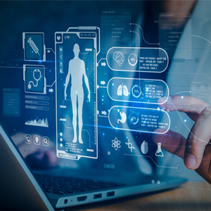 holographic icons representing various types of medical imaging data, with a person with a finger raised to tap one. 