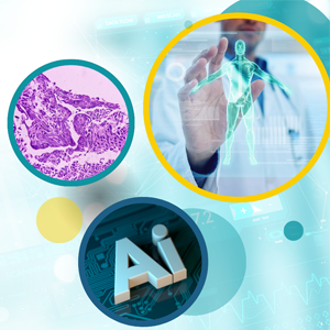 Three circles. The first is a microscopic view of cells. The second is a doctor in a lab coat with an outstretched hand reaching for a digital image of the human body. The third contains the letters AI.