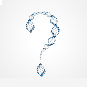 Double stranded DNA forms a question mark. Denotes the study of genetics for better understanding how cancer develops and progresses.     