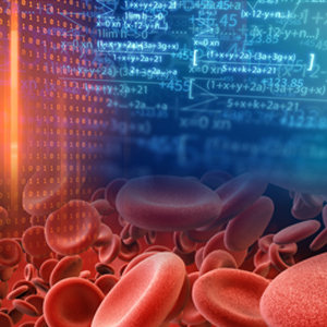 In the foreground, stacked red blood cells. In the background, numbers, letters, and mathematical equations.