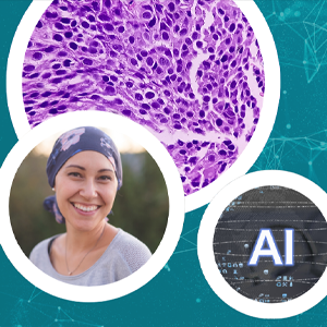 Image of a woman with a head covering an image of cells above her and the text AI to the right of her 