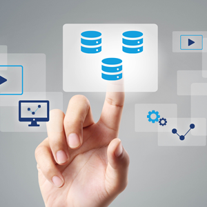 Finger touches screen showing icons representing the concept of data sharing and data use. Icons include data repositories, data analysis, data sharing, and system infrastructure. 