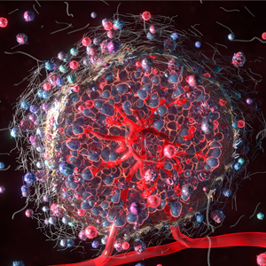 Three dimensional rendering of a cancer tumor displaying the many different types of cells (signified by different colors and shapes) in the tumor cell microenvironment. The brightly colored cells are shown woven together into a ball, with additional cells orbiting the ball; red vasculature is shown both within the tumor and connecting to bloodstream. 