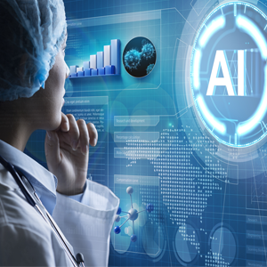 Doctor looks at an image on a screen showing the letters "AI," along with chemical structures, charts, and graphs. Illustrates the blending of biomedical science with technology. 