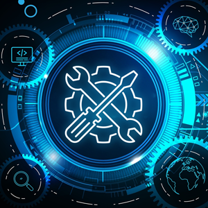 Image of four gears around tools including another gear, wrench and screwdriver in the middle.