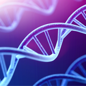 Closeup of DNA strands on a blueish purple background.