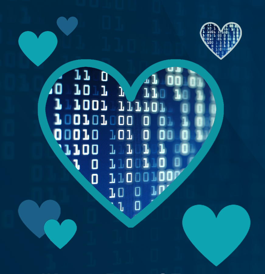 numerical data points within a heart graphic, surrounded by other hearts. All shades of blue