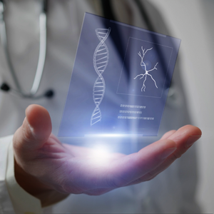 A doctor in a white lab coat wearing a stethoscope holds up a holographic image of a DNA strand and cancer cells.