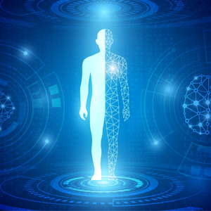 Blue abstract technology background with human body in the center. One half of the body is solid, the other half is connected lines, representing the systems of the body under the skin. 