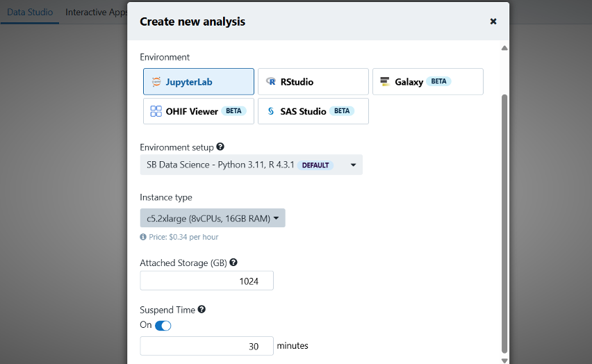 Screen shot showing how to create a new analysis in the Cancer Genomics Cloud. Shows the programming language you can choose from (JupyterLab, Studio, Galaxy, OHIF Viewer, SAS Studio) and environment setup, instance type, storage information, and suspend time. 