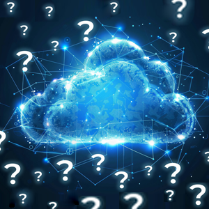 Brightly colored cloud is surrounded by question marks. Depicts the idea, "Is the Cloud for me?"