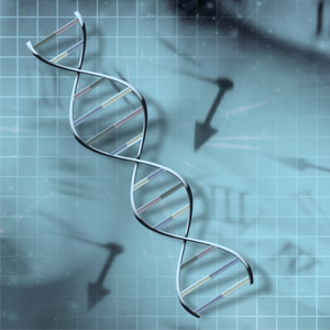 A 2D DNA strand with clock hands and dials in the background, representing the evolution of patterns in space and time. 