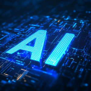 Image of the text "AI" lit up, digitalized lines appearing under text