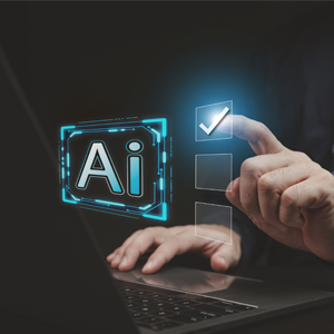 The letters "A.I." hover overtop a keyboard. A finger checks the first of three boxes that appear to the right. Image signifies the importance of adhering to guidelines when developing artificial intelligence. 